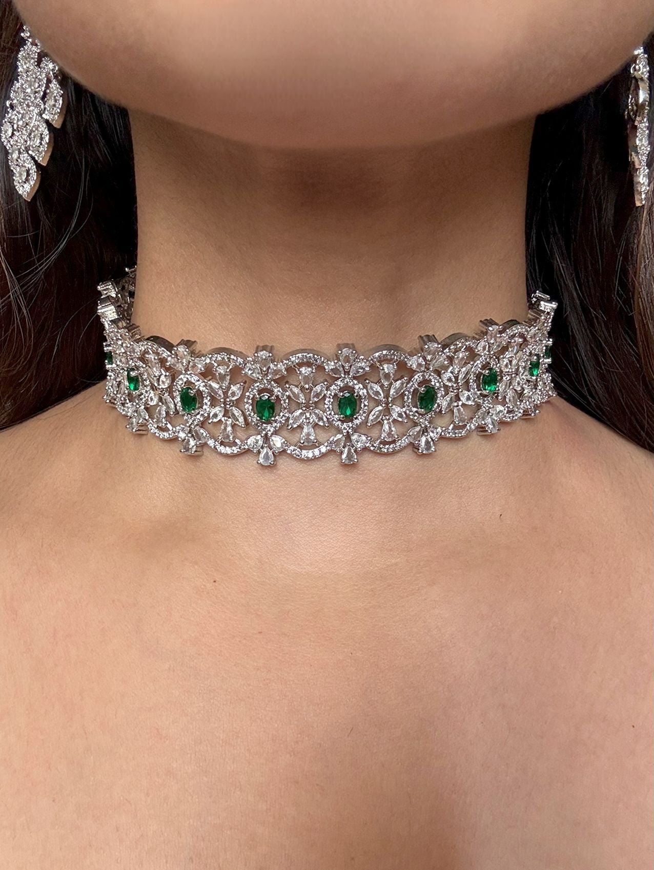Buy Choker Set With Earrings In AD online in India with earrings. Shop an exclusive range of zircon jewellery, Indian wedding jewelry, kundan jewellery, AD earrings, AD necklace. -front
