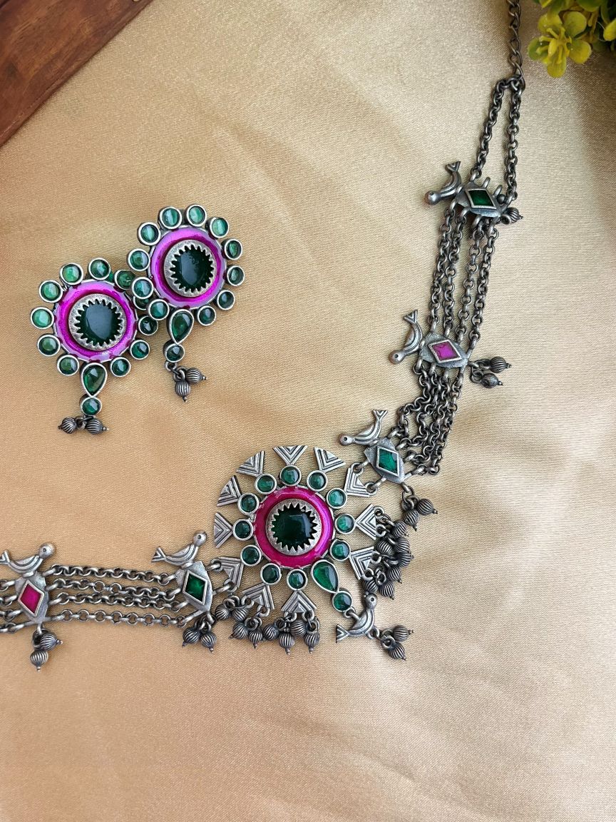 Buy Samantha Oxidized Enamel Choker With Earrings online in India. Shop an exclusive range of oxidized jewellery for daily wearing and office wearing in affordable range. Below 500, 1000, 2000. -front