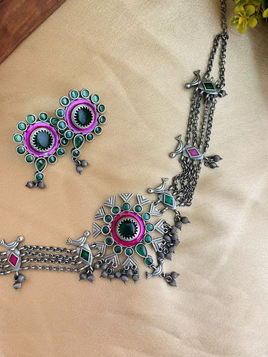 Buy Samantha Oxidized Enamel Choker With Earrings online in India. Shop an exclusive range of oxidized jewellery for daily wearing and office wearing in affordable range. Below 500, 1000, 2000. -front