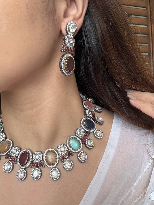 NL25A100 Sabya Inspired Premium Navratan Necklace In AD & Kundan