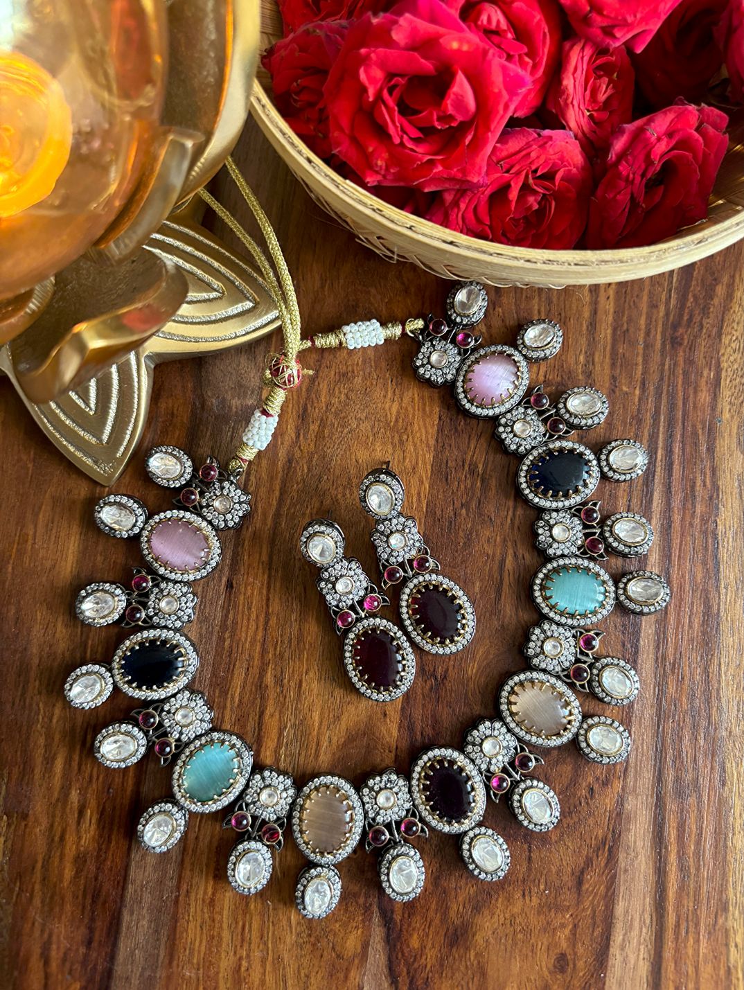 NL25A100 Sabya Inspired Premium Navratan Necklace In AD & Kundan