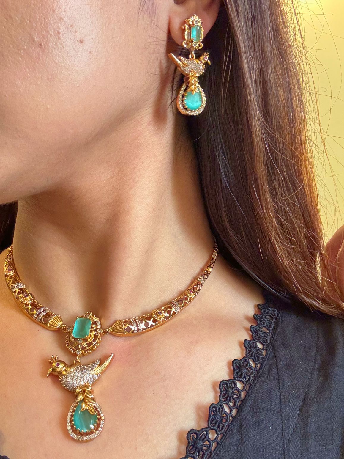 Buy Meghna Gold Plated Hasli Necklace In AD & Mint Green Stones online in India. Shop from an exclusive range of CZ jewellery, gold plated, silver plated jewellery. -second