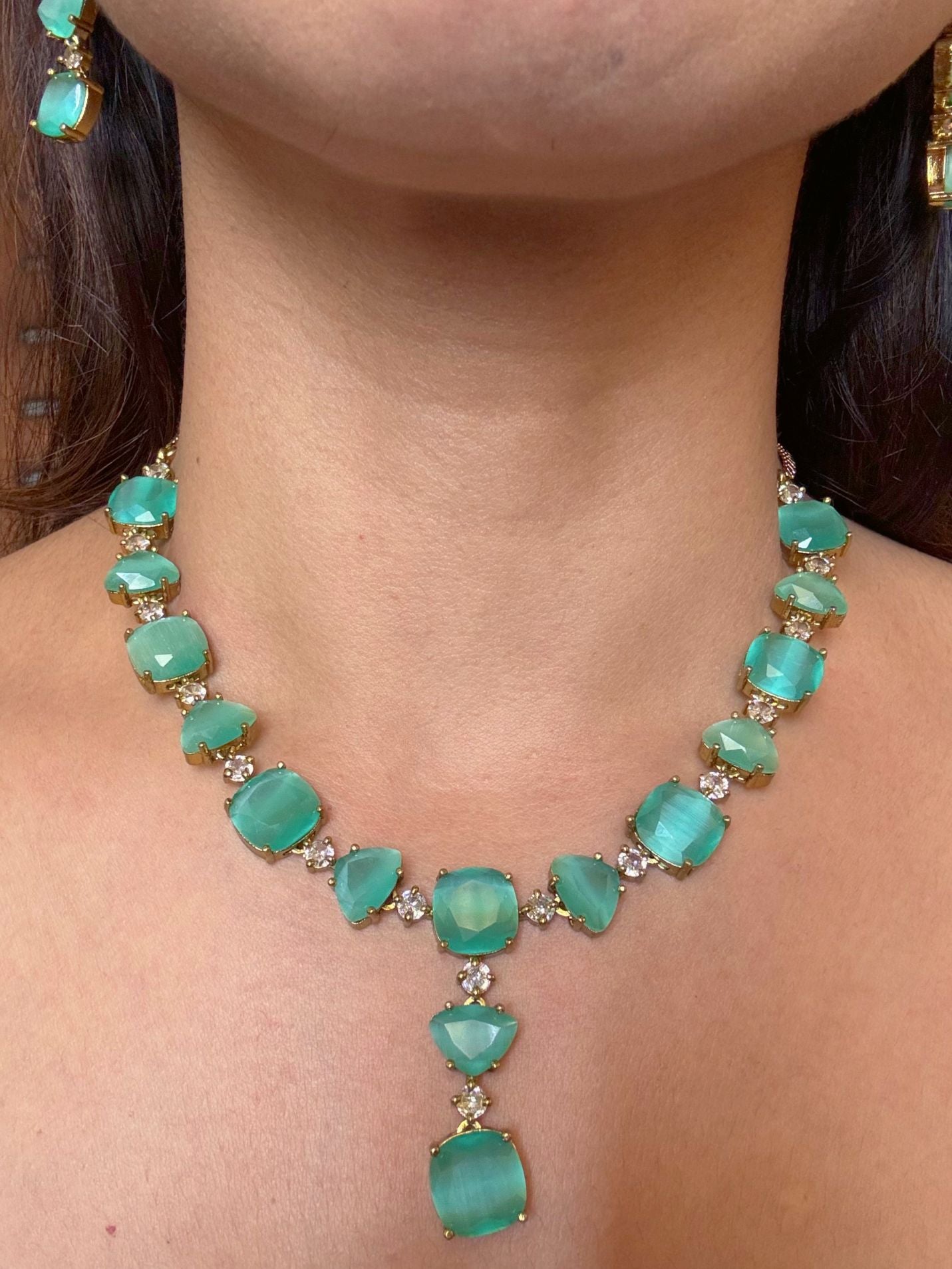 Buy Baani Doublet Stone Mint Green AD Necklace online in India. Shop from an exclusive range of CZ jewellery, moissanite jewellery, AD necklace, Kundan necklace for weddings. -front