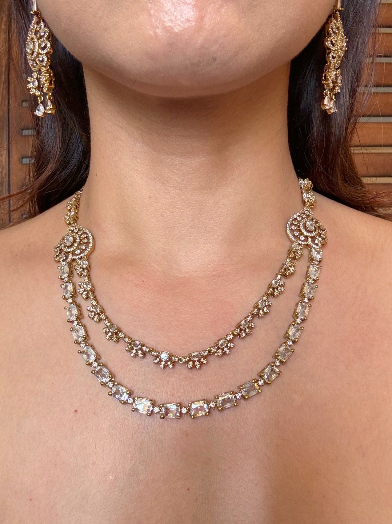 Buy Chandrika Double Layered AD Necklace In White online in India. Shop from an exclusive range of CZ jewellery, moissanite jewellery, AD necklace, Kundan necklace for weddings. -front 