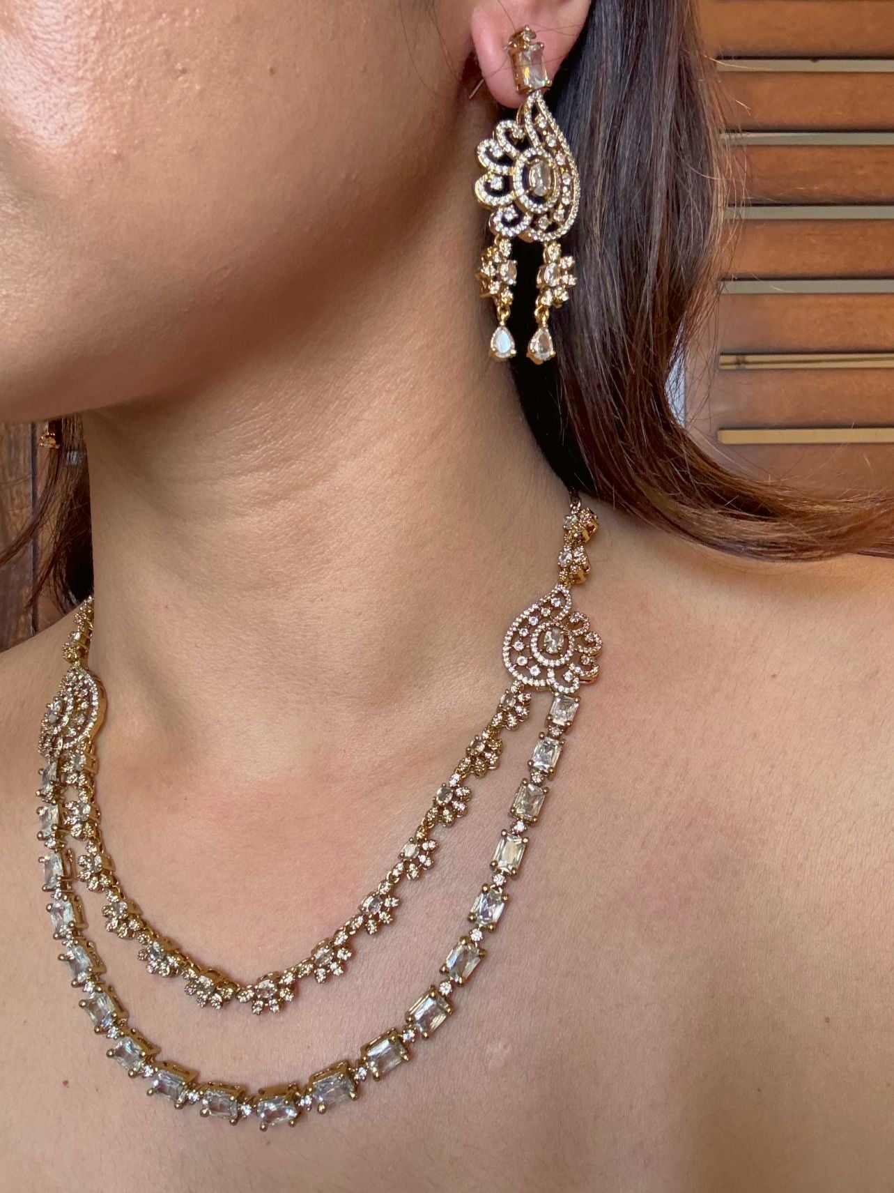 Buy Chandrika Double Layered AD Necklace In White online in India. Shop from an exclusive range of CZ jewellery, moissanite jewellery, AD necklace, Kundan necklace for weddings. -side