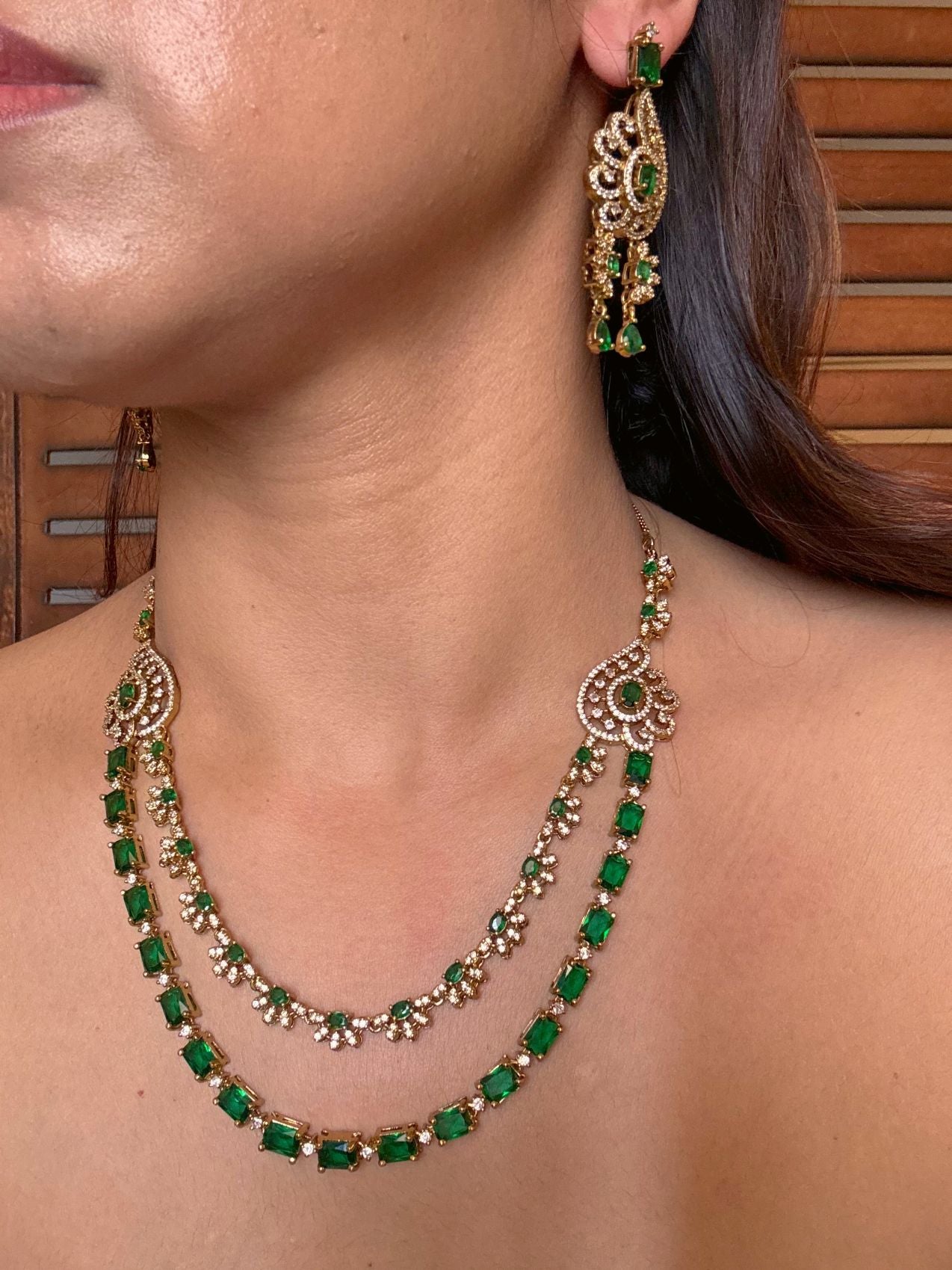 Buy Chandrika Double Layered AD Necklace In Green online in India. Shop from an exclusive range of CZ jewellery, moissanite jewellery, AD necklace, Kundan necklace for weddings. -side