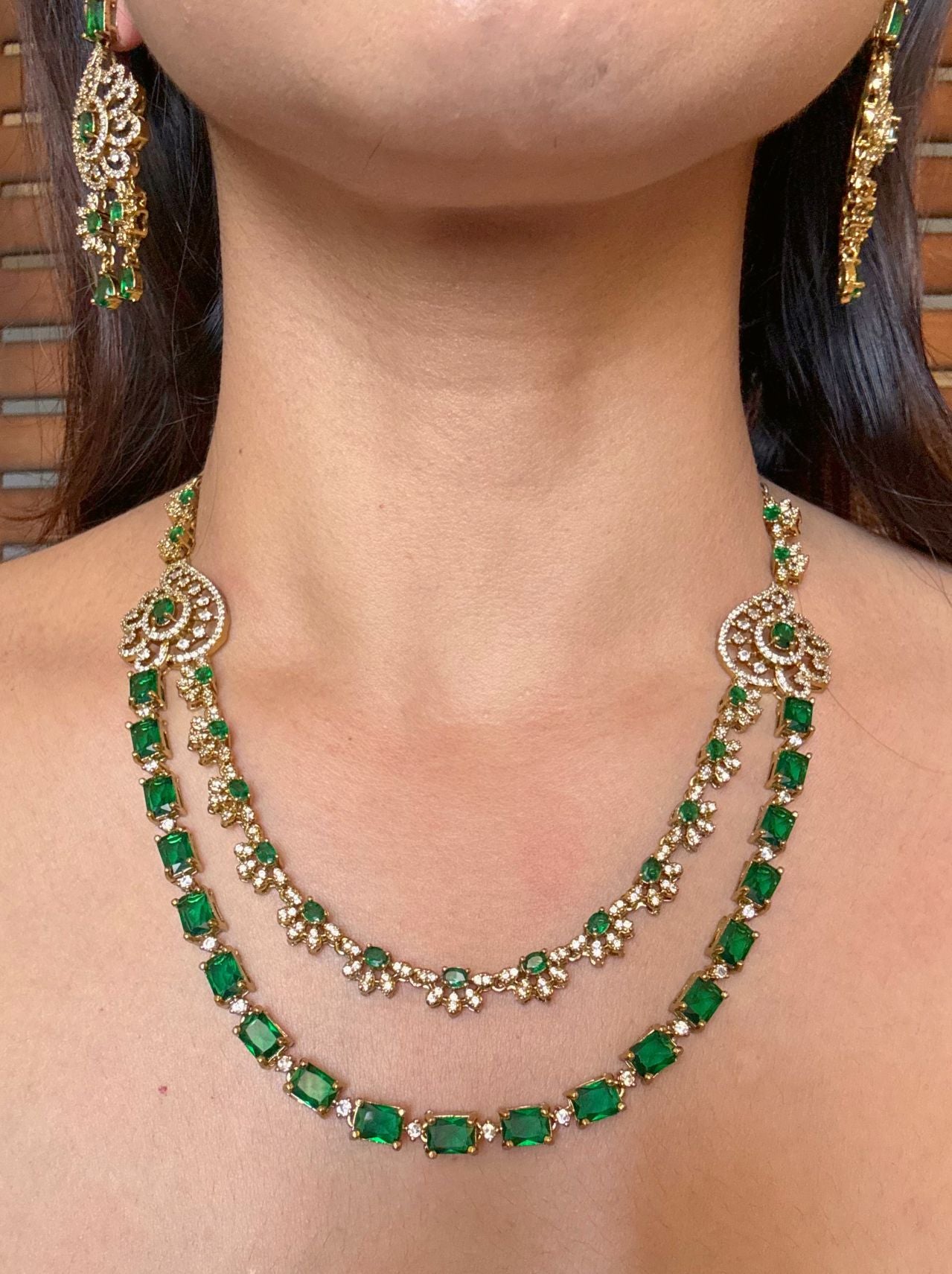 Buy Chandrika Double Layered AD Necklace In Green online in India. Shop from an exclusive range of CZ jewellery, moissanite jewellery, AD necklace, Kundan necklace for weddings. -front