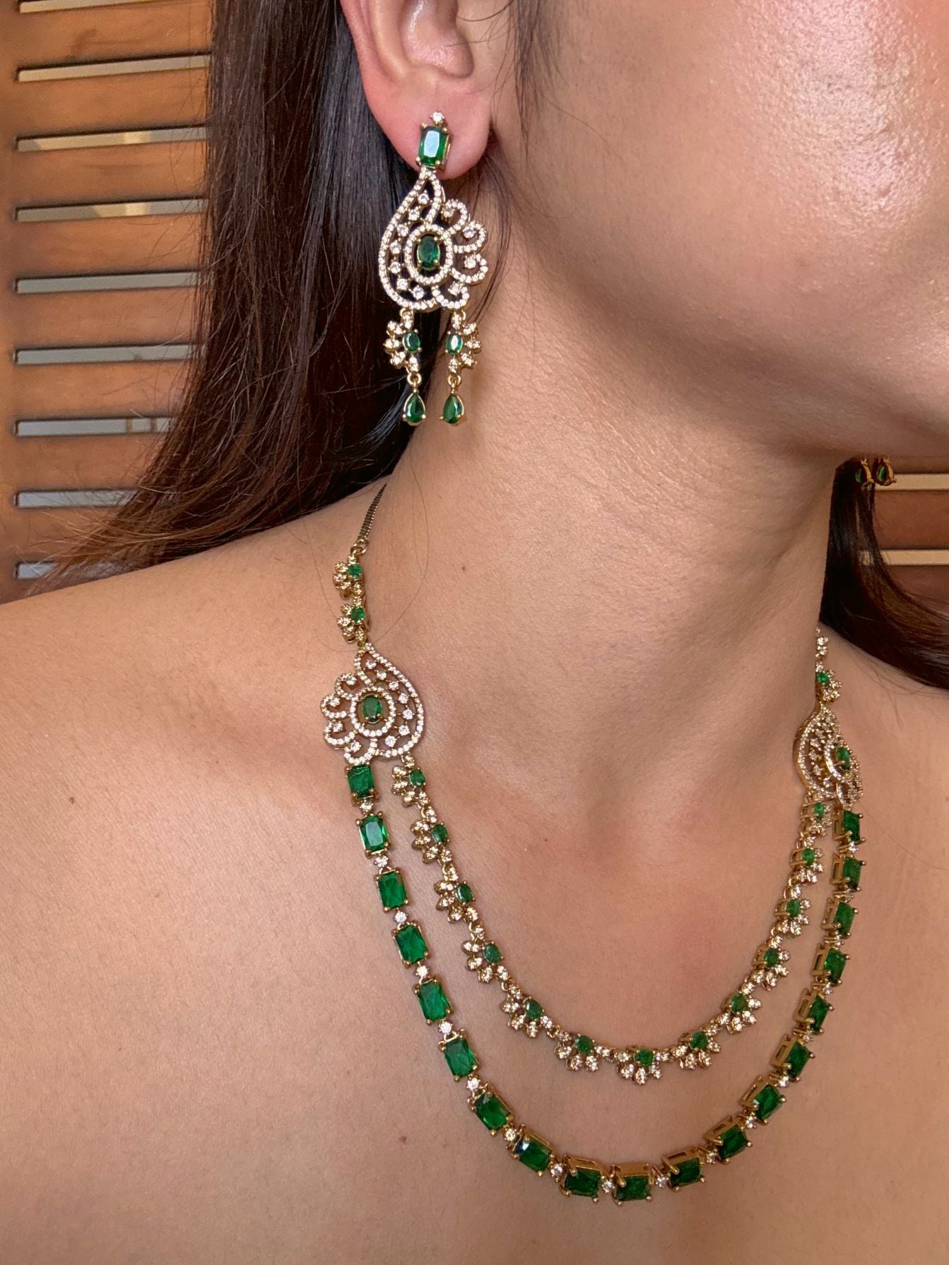 Buy Chandrika Double Layered AD Necklace In Green online in India. Shop from an exclusive range of CZ jewellery, moissanite jewellery, AD necklace, Kundan necklace for weddings. -second