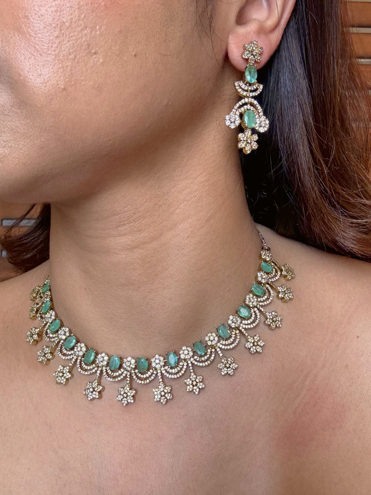 Buy Harshita Elegant AD Necklace In Mint Green online in India. Shop from an exclusive range of CZ jewellery, moissanite jewellery, AD necklace, Kundan necklace for weddings. -first