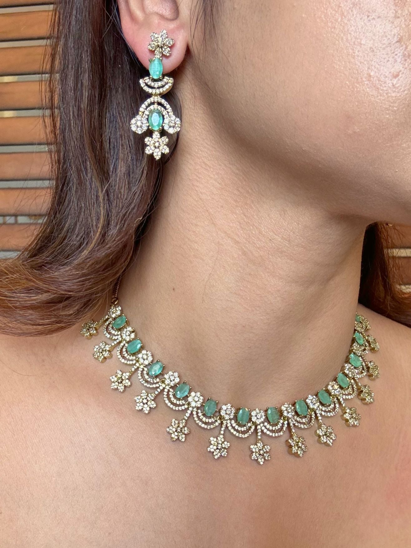 Buy Harshita Elegant AD Necklace In Mint Green online in India. Shop from an exclusive range of CZ jewellery, moissanite jewellery, AD necklace, Kundan necklace for weddings. -side