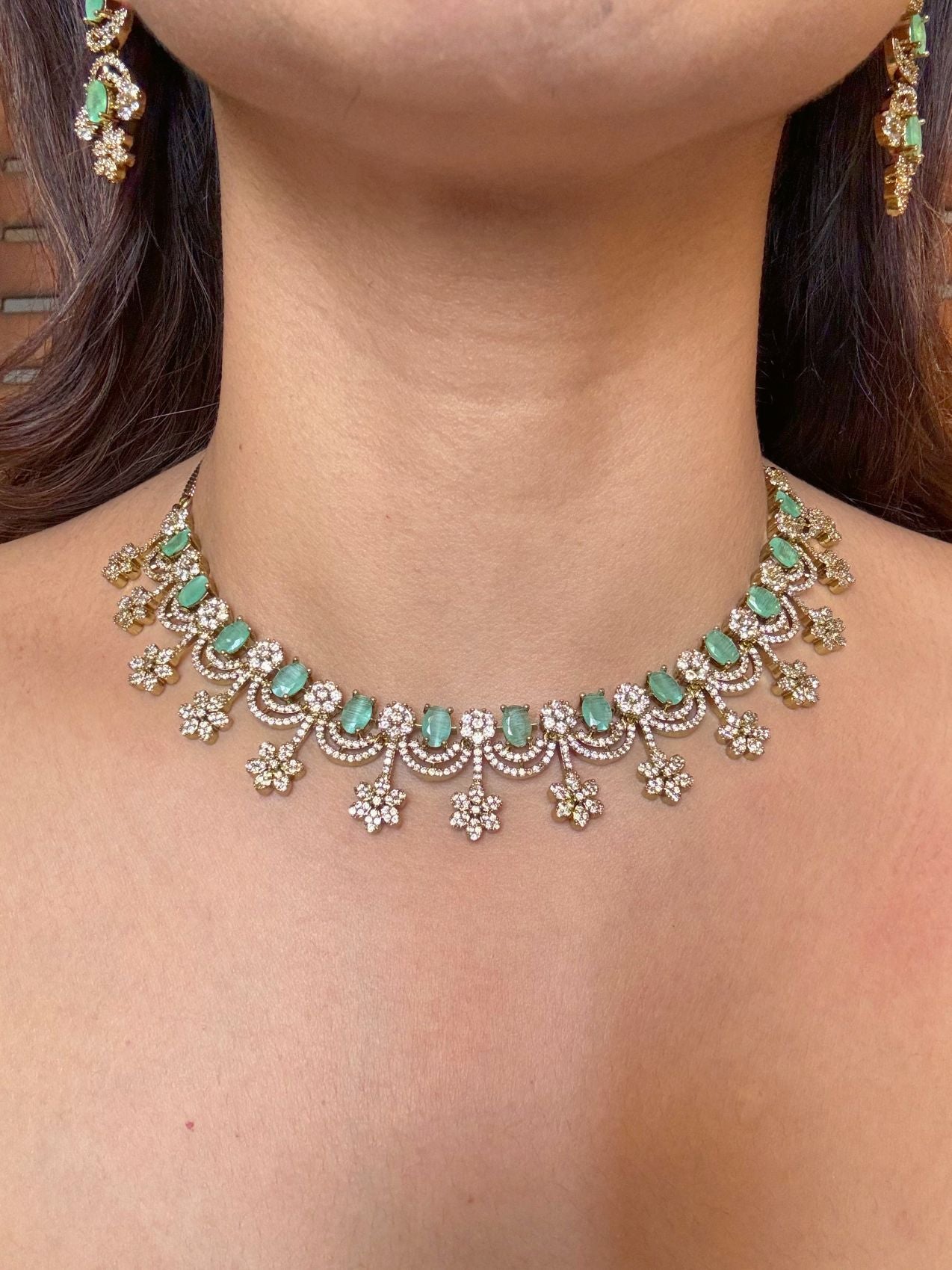 Buy Harshita Elegant AD Necklace In Mint Green online in India. Shop from an exclusive range of CZ jewellery, moissanite jewellery, AD necklace, Kundan necklace for weddings. -front