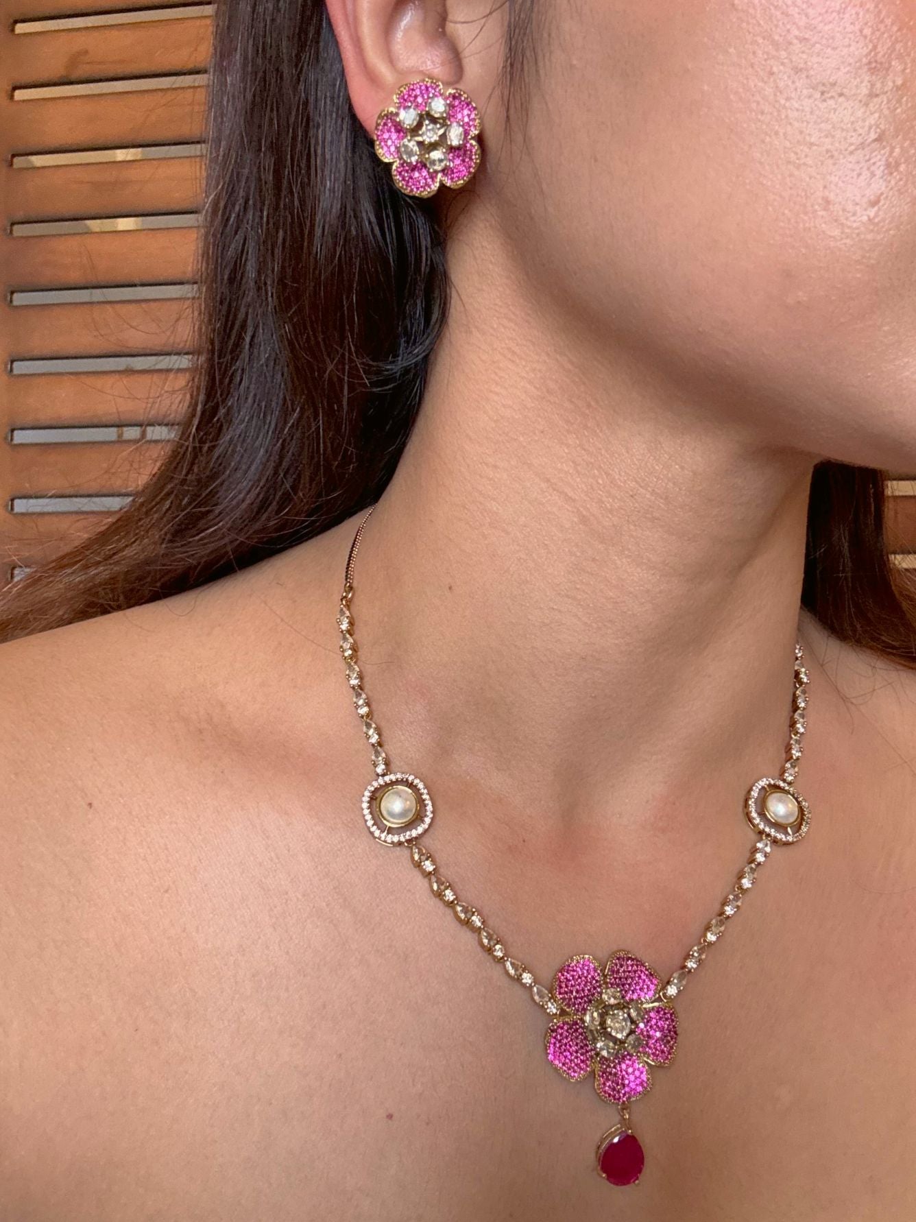 Buy Qaynat Contemporary Nano Setting Pendant Necklace In Pink online in India. Shop from an exclusive range of CZ jewellery, moissanite jewellery, AD necklace, Kundan necklace for weddings. -side
