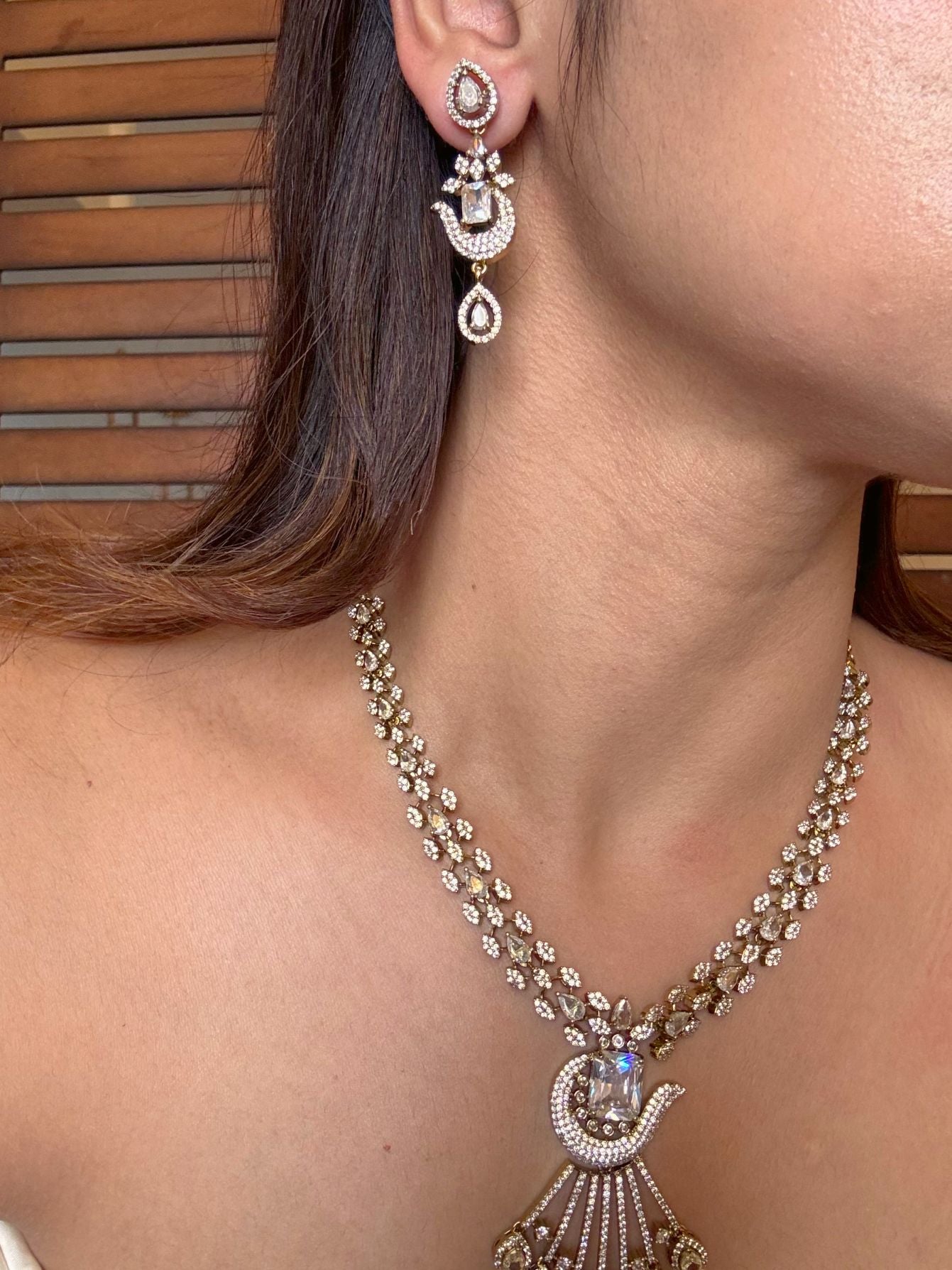 Buy Pranjali Elegant Long AD Necklace In White online in India. Shop from an exclusive range of CZ jewellery, moissanite jewellery, AD necklace, Kundan necklace for weddings. -side