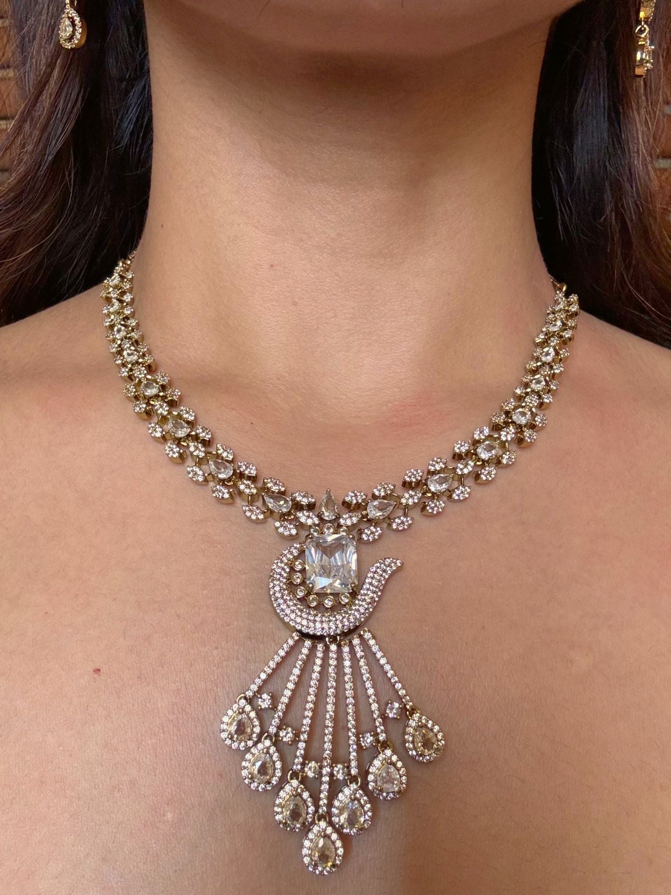 Buy Pranjali Elegant Long AD Necklace In White online in India. Shop from an exclusive range of CZ jewellery, moissanite jewellery, AD necklace, Kundan necklace for weddings. -front