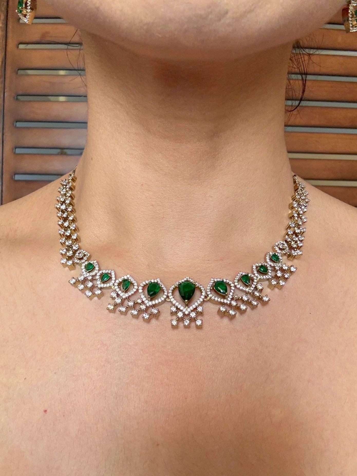 Buy Eiravati Elegant AD Necklace In Emerald Green online in India. Shop from an exclusive range of jewellery, AD necklace, Kundan necklace for weddings. -front