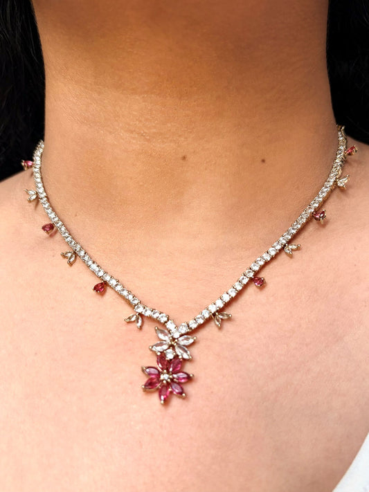 Buy Gulabi Phool AD Necklace with Ruby Floral Earrings online in India. Shop from an exclusive range of jewellery, AD necklace, Kundan necklace for weddings. -front
