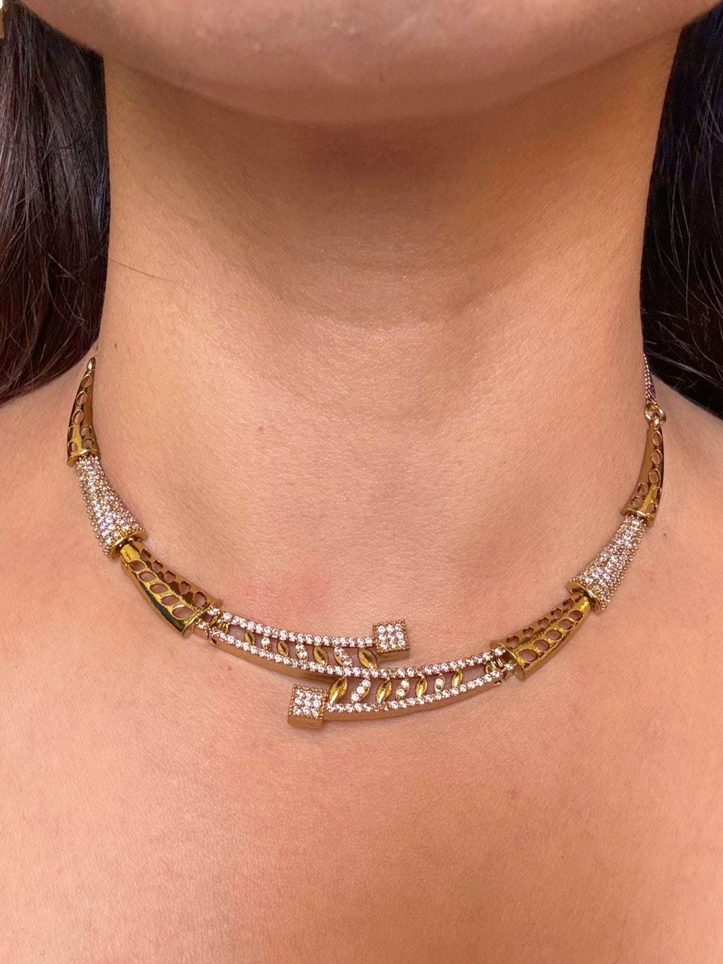 Buy Komal Delicate AD Stones Necklace In Antique Polish online in India. Shop from an exclusive range of moissanite jewellery, AD necklace, Kundan necklace for weddings. -front