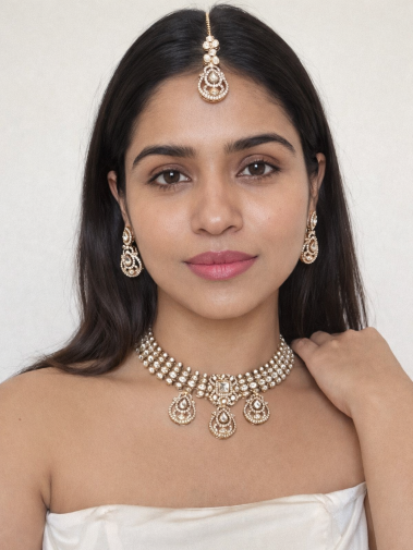 Buy Aadhya Moissanite AD Set With Tikka online in India. Shop from an exclusive range of CZ jewellery, moissanite jewellery, AD necklace, Kundan necklace for weddings. -model