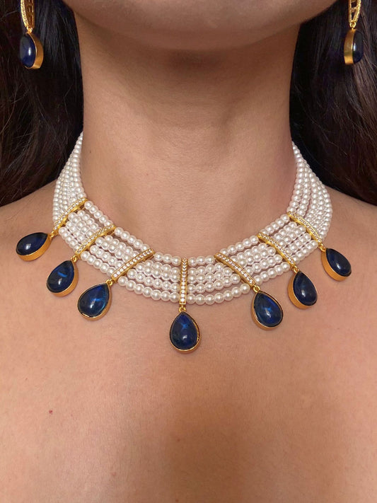 Buy Priyaanka Pearl Necklace With Blue Stone Drops online in India. Shop from an exclusive range of CZ jewellery, moissanite jewellery, AD necklace, Kundan necklace for weddings. -FIRST