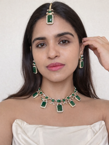Buy Nirvi Emerald Glass Stone AD Statement Necklace With Tikka online in India. Shop from an exclusive range of CZ jewellery, moissanite jewellery, AD necklace. -model