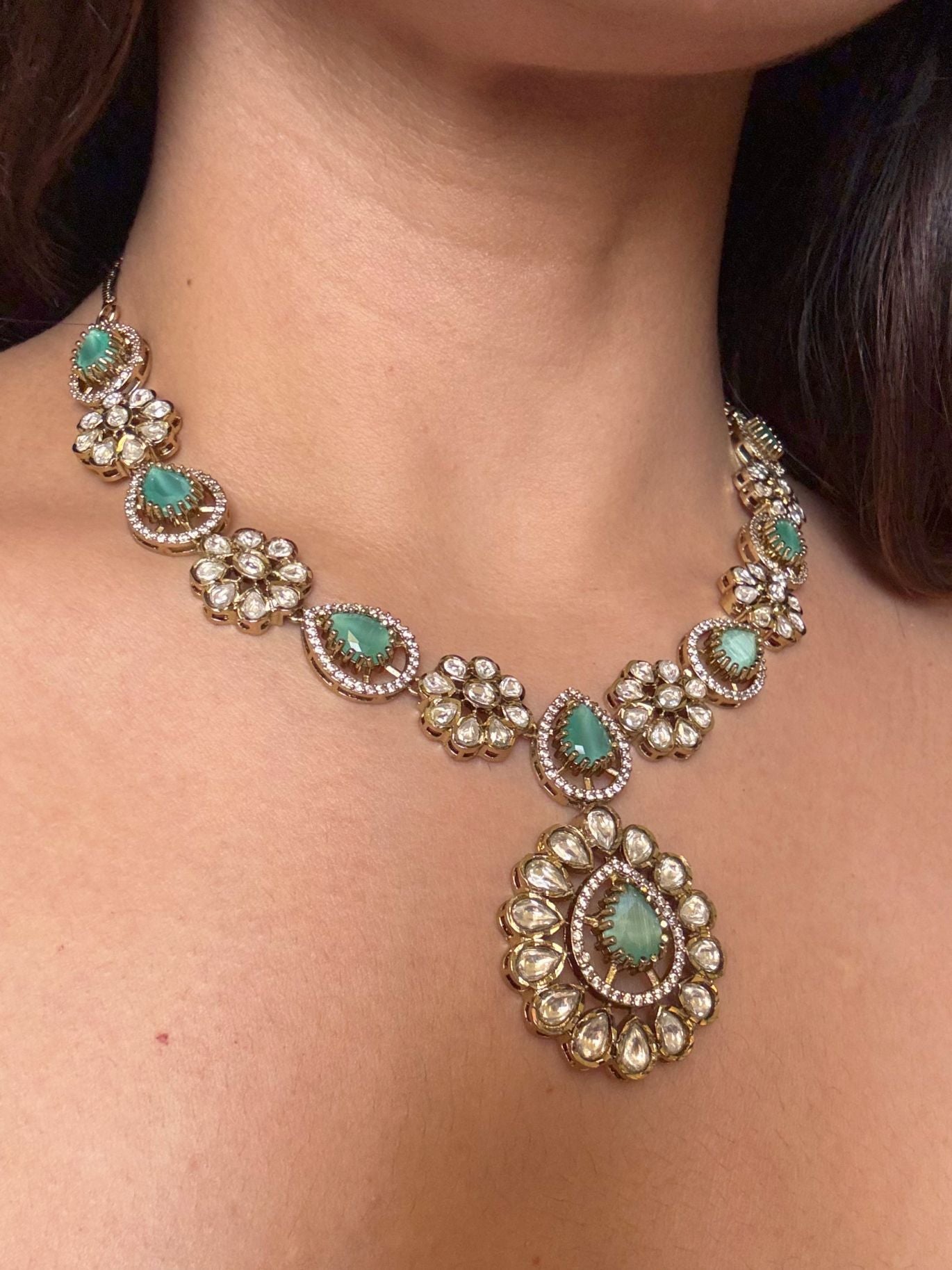 Buy Prisha Mint Green Floral Moissanite Necklace online in India. Shop from an exclusive range of CZ jewellery, moissanite jewellery, AD necklace, Kundan necklace for weddings. -first