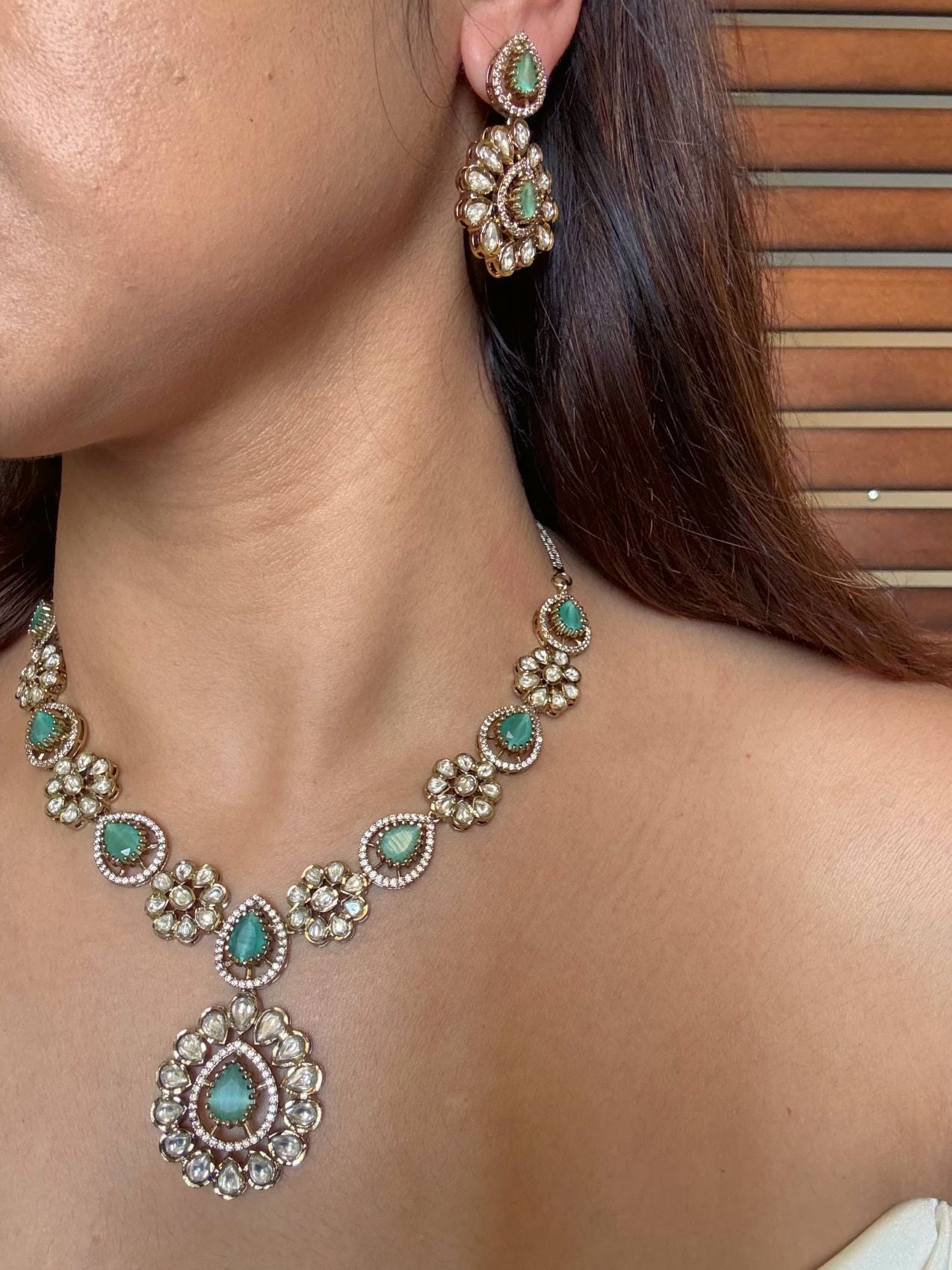 Buy Prisha Mint Green Floral Moissanite Necklace online in India. Shop from an exclusive range of CZ jewellery, moissanite jewellery, AD necklace, Kundan necklace for weddings. -second