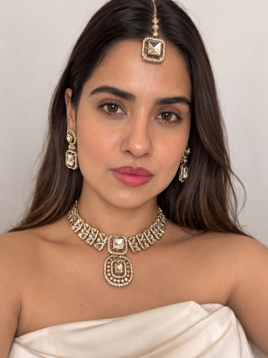 Buy Maahika AD Kundan Necklace In White With Tikka online in India. Shop from an exclusive range of CZ jewellery, moissanite jewellery, AD necklace, Kundan necklace for weddings. -model
