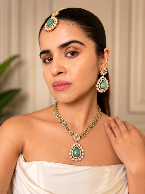 Buy Mint Green Kundan Pendant Set with Maang Tikka online in India. Shop from an exclusive range of jewellery, AD necklace, Kundan necklace for weddings. -full