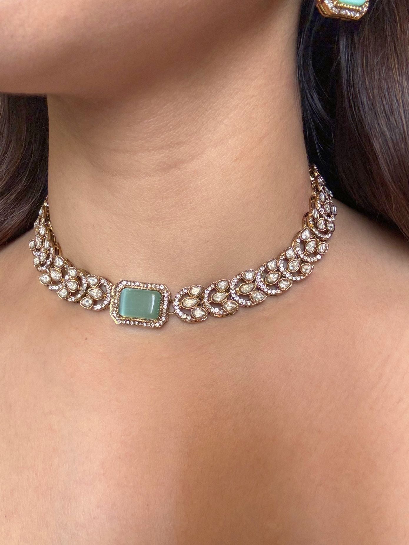 Buy Riona Mint Green AD Moissanite Necklace With Tikka online in India. Shop from an exclusive range of CZ jewellery, moissanite jewellery, AD necklace.-first