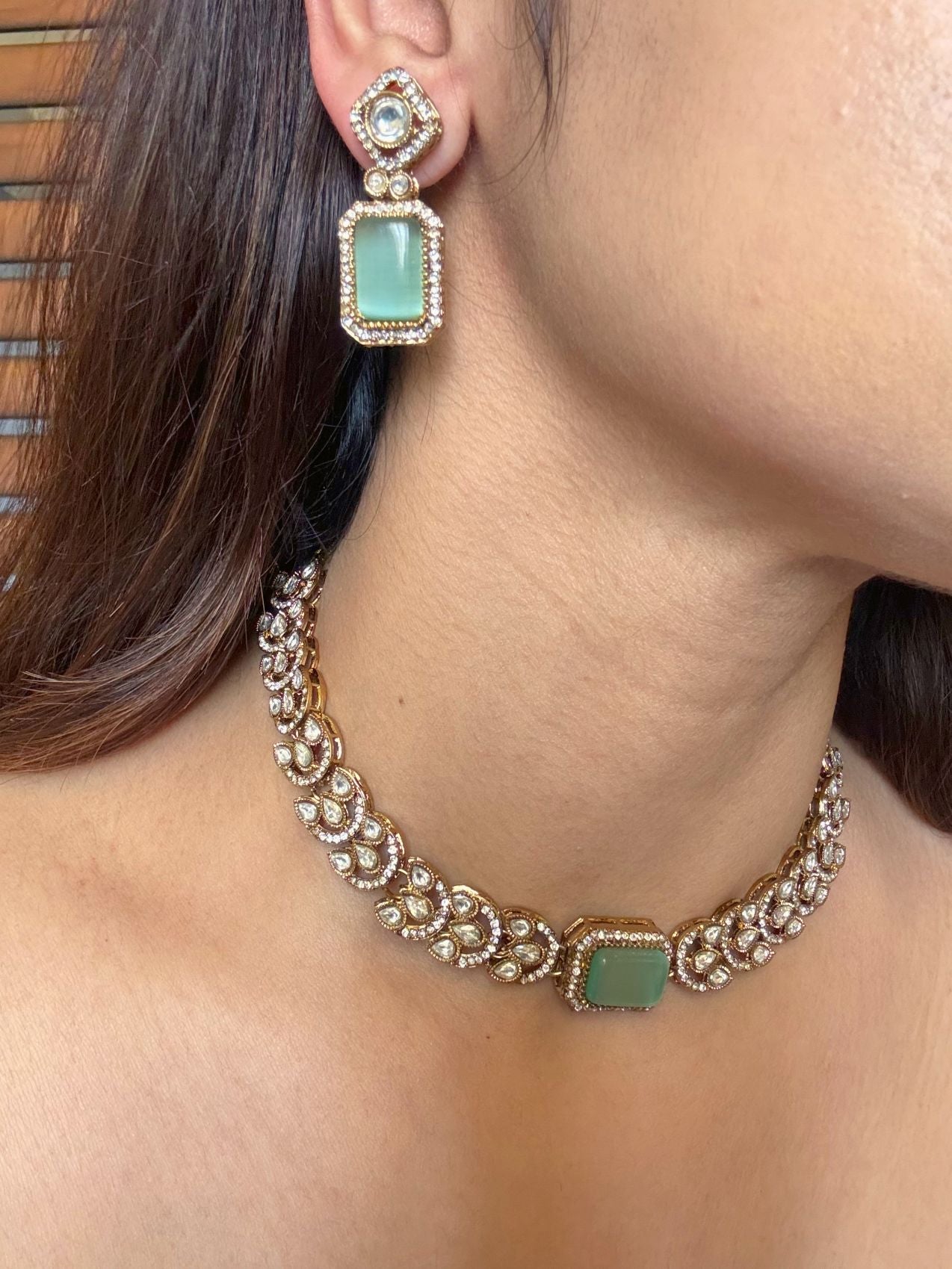 Buy Riona Mint Green AD Moissanite Necklace With Tikka online in India. Shop from an exclusive range of CZ jewellery, moissanite jewellery, AD necklace. -front