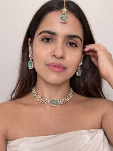 Buy Riona Mint Green AD Moissanite Necklace With Tikka online in India. Shop from an exclusive range of CZ jewellery, moissanite jewellery, AD necklace.-model