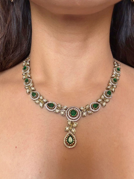 Buy Vaibhavi AD Antique Polish Necklace In Green online in India. Shop from an exclusive range of CZ jewellery, moissanite jewellery, AD necklace, Kundan necklace for weddings. -second