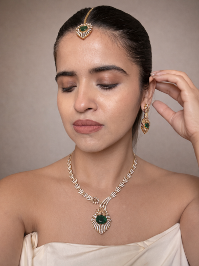 Buy Emerald Bloom Radiance Statement Necklace With Tikka online in India. Shop from an exclusive range of jewellery, AD necklace, Kundan necklace for weddings. -first