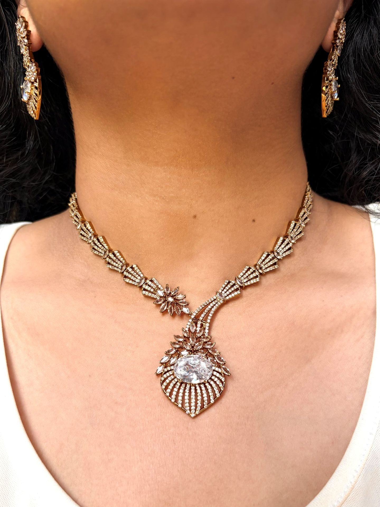 Buy White Bloom Radiance Statement Necklace With Tikka online in India. Shop from an exclusive range of jewellery, AD necklace, Kundan necklace for weddings. -front