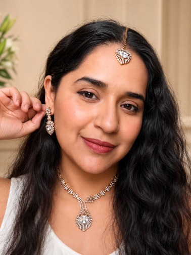 Buy White Bloom Radiance Statement Necklace With Tikka online in India. Shop from an exclusive range of jewellery, AD necklace, Kundan necklace for weddings. -full 