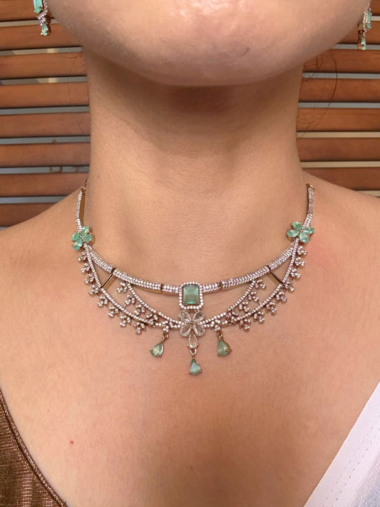 Buy Meherza Mint Blossom Diamond Imitation Necklace Set online in India. Shop from an exclusive range of jewellery, AD necklace, Kundan necklace for weddings. -front