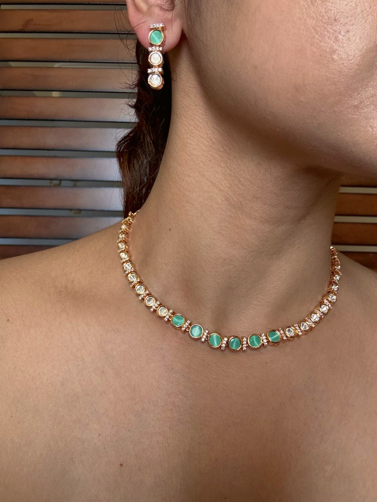 Buy Mint Aura Crystal Line Necklace with Elegant Drop Earrings online in India. Shop from an exclusive range of jewellery, Kundan necklace for weddings. -side