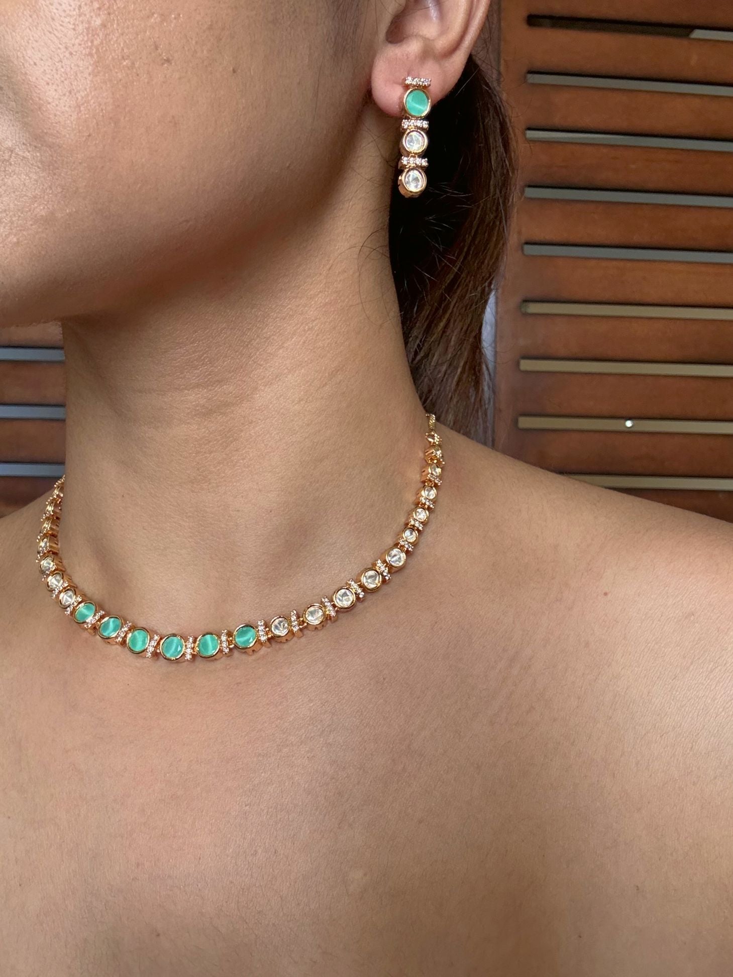 Buy Mint Aura Crystal Line Necklace with Elegant Drop Earrings online in India. Shop from an exclusive range of jewellery, Kundan necklace for weddings. -second