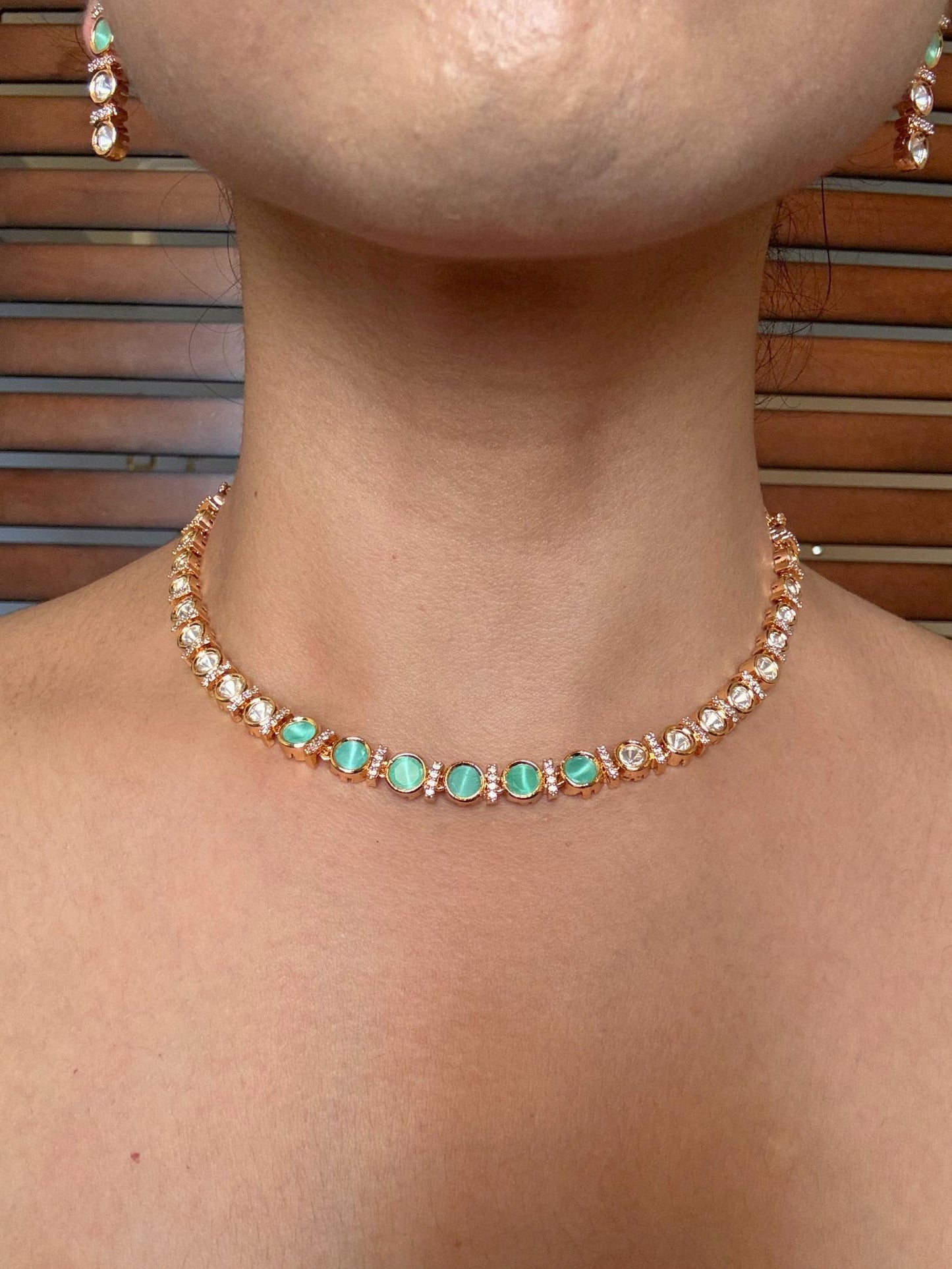 Buy Mint Aura Crystal Line Necklace with Elegant Drop Earrings online in India. Shop from an exclusive range of jewellery, Kundan necklace for weddings. -front
