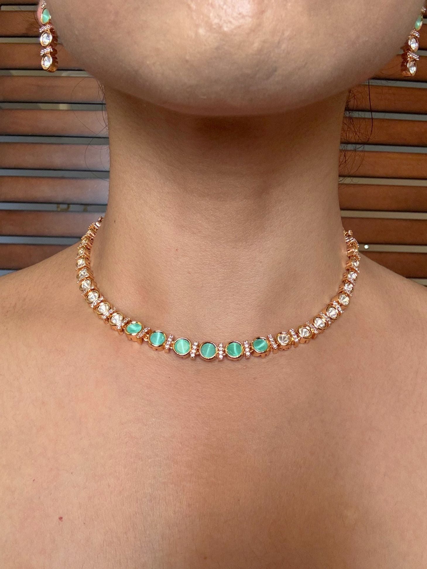 Buy Mint Aura Crystal Line Necklace with Elegant Drop Earrings online in India. Shop from an exclusive range of jewellery, Kundan necklace for weddings. -front