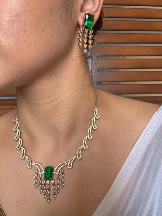 Buy Rukmini AD Necklace With Green Stone Accent online in India. Shop from an exclusive range of jewellery, AD necklace, Kundan necklace for weddings. -side