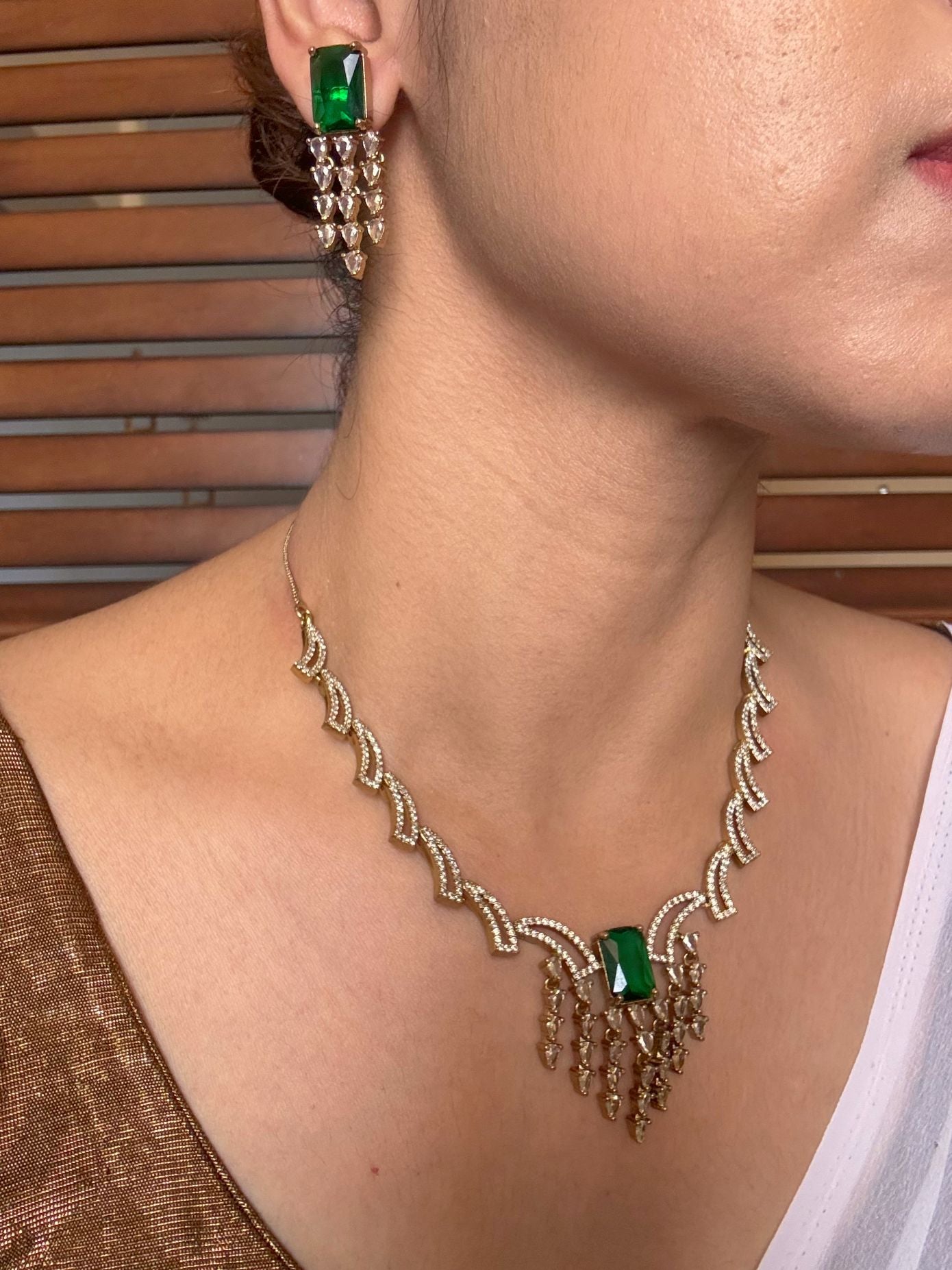 Buy Rukmini AD Necklace With Green Stone Accent online in India. Shop from an exclusive range of jewellery, AD necklace, Kundan necklace for weddings. -second