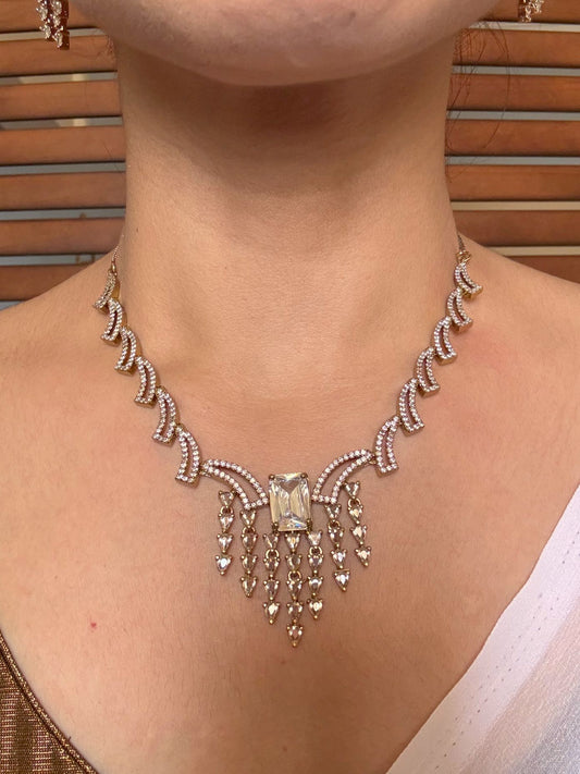 Buy Rukmini AD Necklace With White Stone Accent online in India. Shop from an exclusive range of jewellery, AD necklace, Kundan necklace for weddings. -front