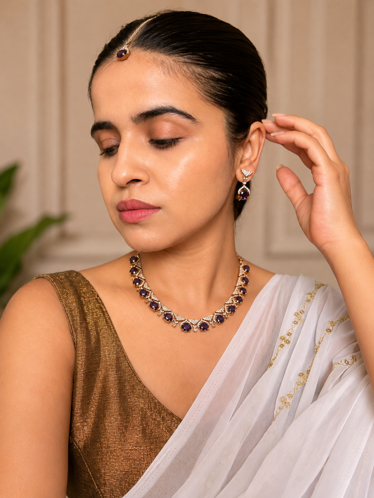 Buy Ruhani Violet AD Necklace With Maang Tikka online in India. Shop from an exclusive range of jewellery, AD necklace with tikka, Kundan necklace for weddings. -full