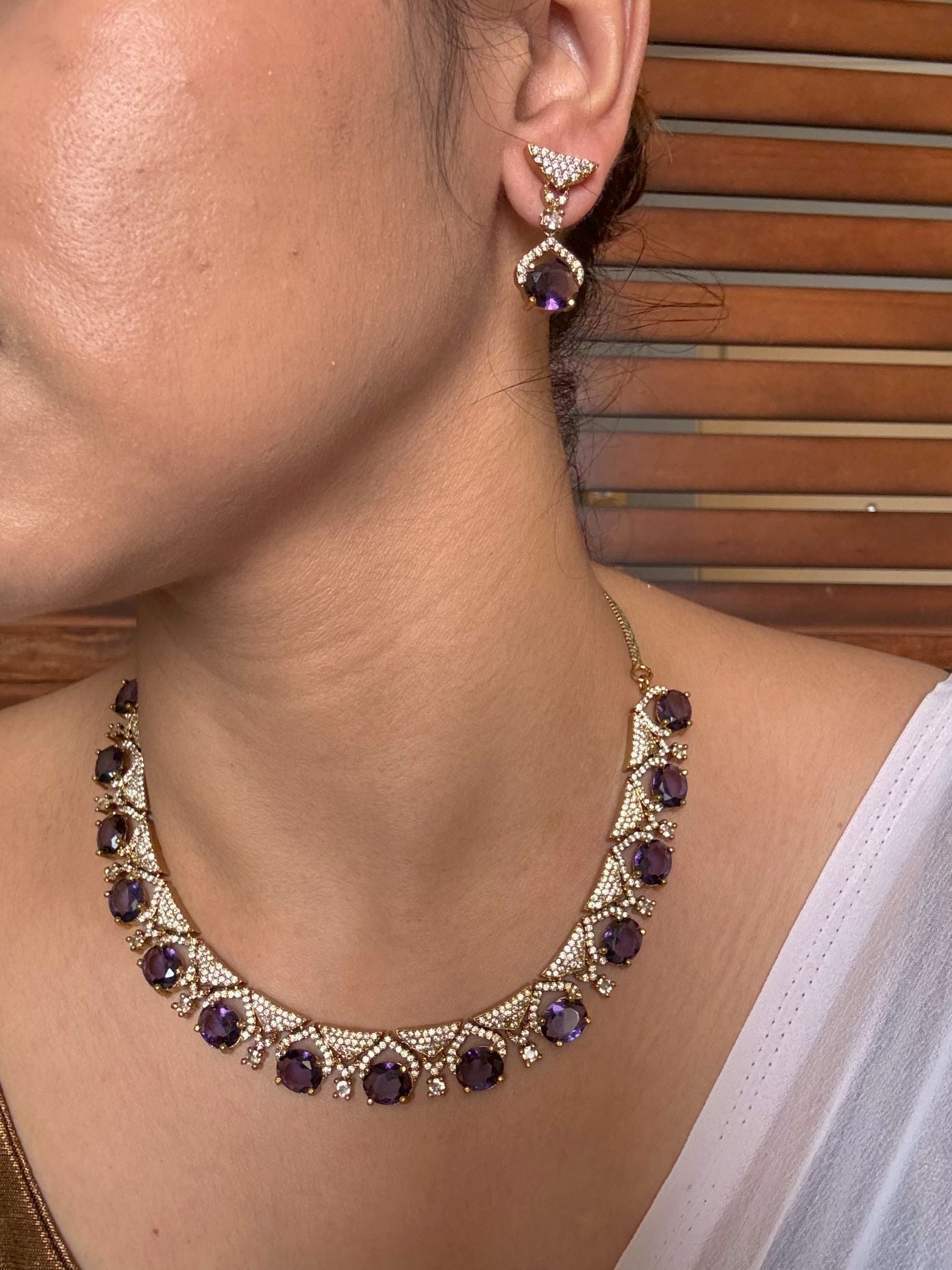 Buy Ruhani Violet AD Necklace With Maang Tikka online in India. Shop from an exclusive range of jewellery, AD necklace with tikka, Kundan necklace for weddings. -side