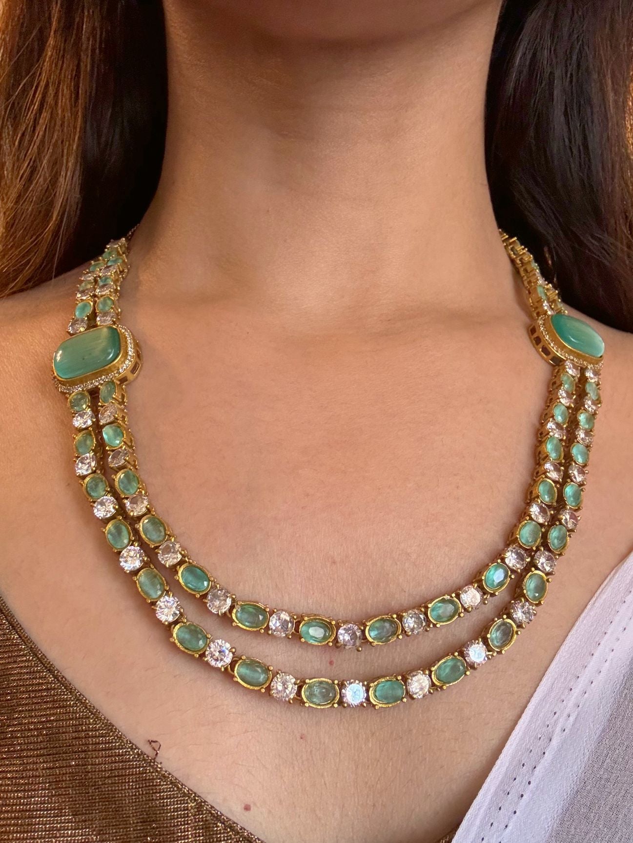 Buy Nayantara Mint Green Double Layered Necklace Set online in India. Shop from an exclusive range of jewellery, AD necklace, Kundan necklace for weddings. -first