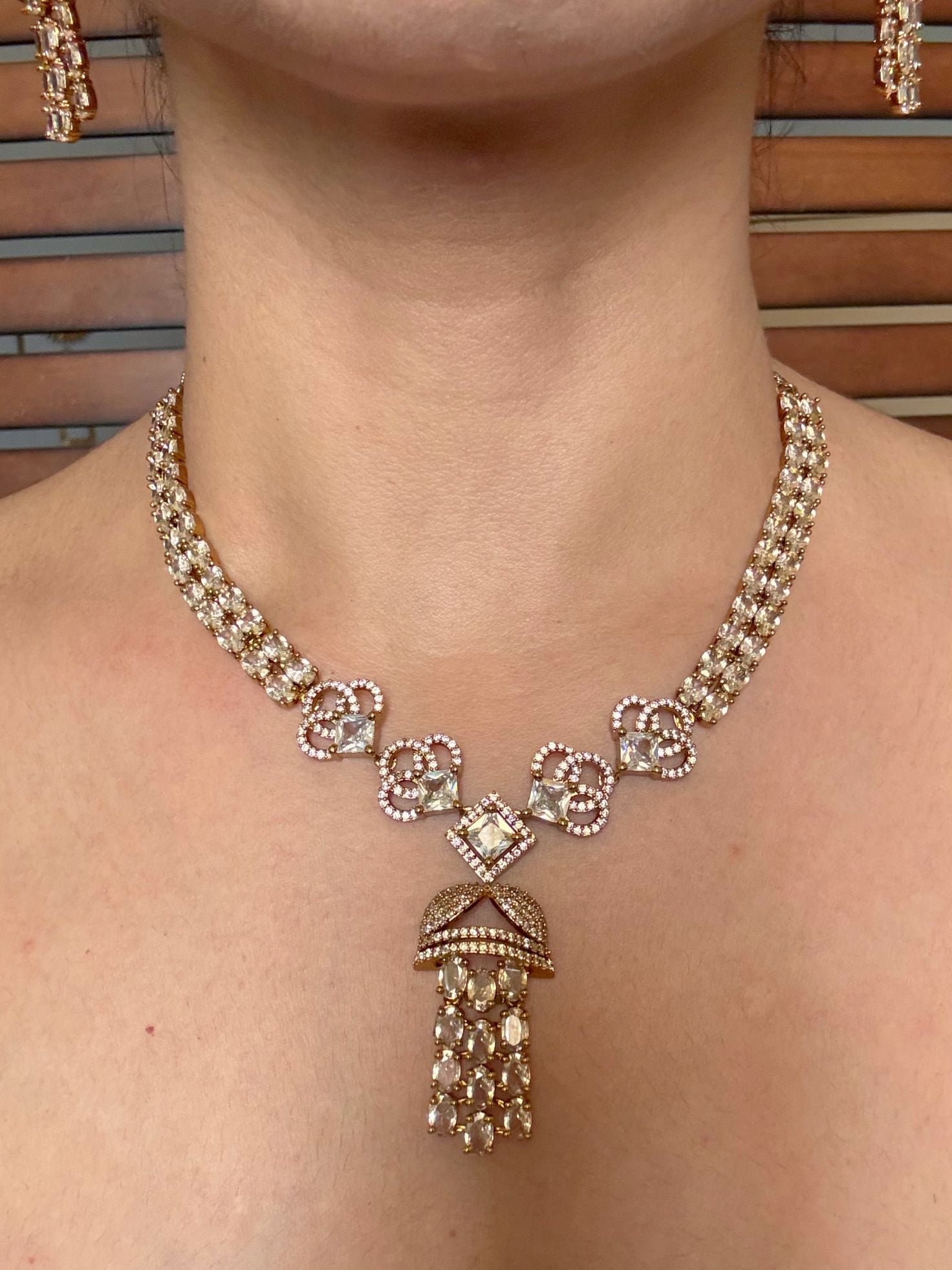 Buy Sheesh Mahal Antique Gold Jhumka Drop Statement Necklace Set online in India. Shop from an exclusive range of jewellery, AD necklace, Kundan necklace for weddings. -front