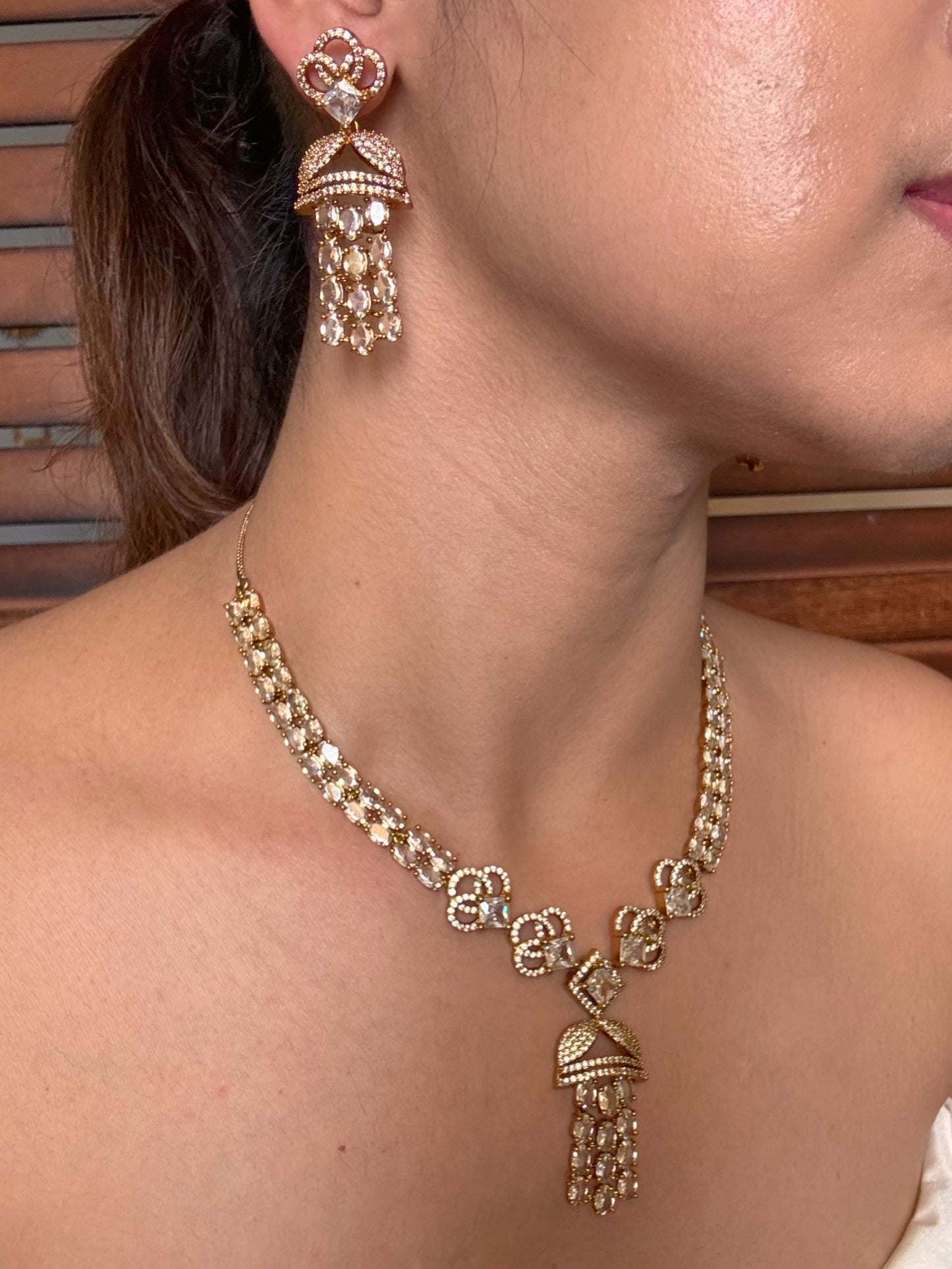 Buy Sheesh Mahal Antique Gold Jhumka Drop Statement Necklace Set online in India. Shop from an exclusive range of jewellery, AD necklace, Kundan necklace for weddings. -second