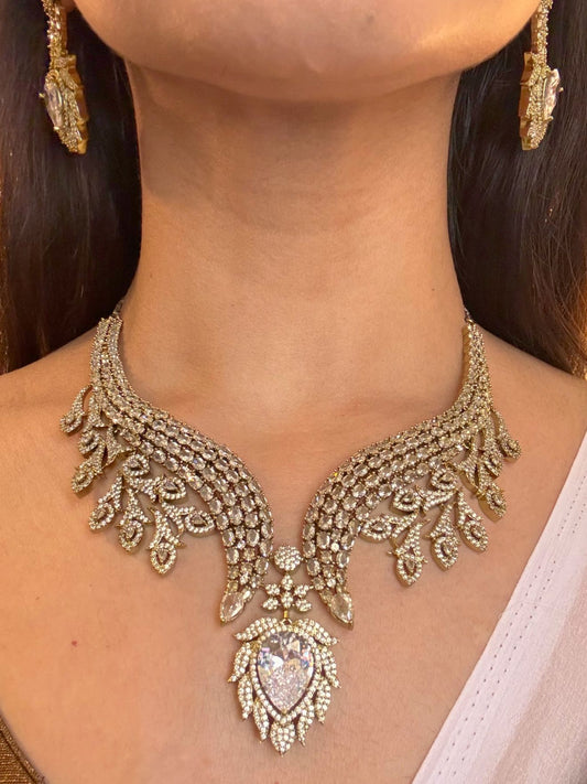 Buy Celestial Cascade AD Statement Necklace In White online in India. Shop from an exclusive range of jewellery, AD necklace, Kundan necklace for weddings. -full