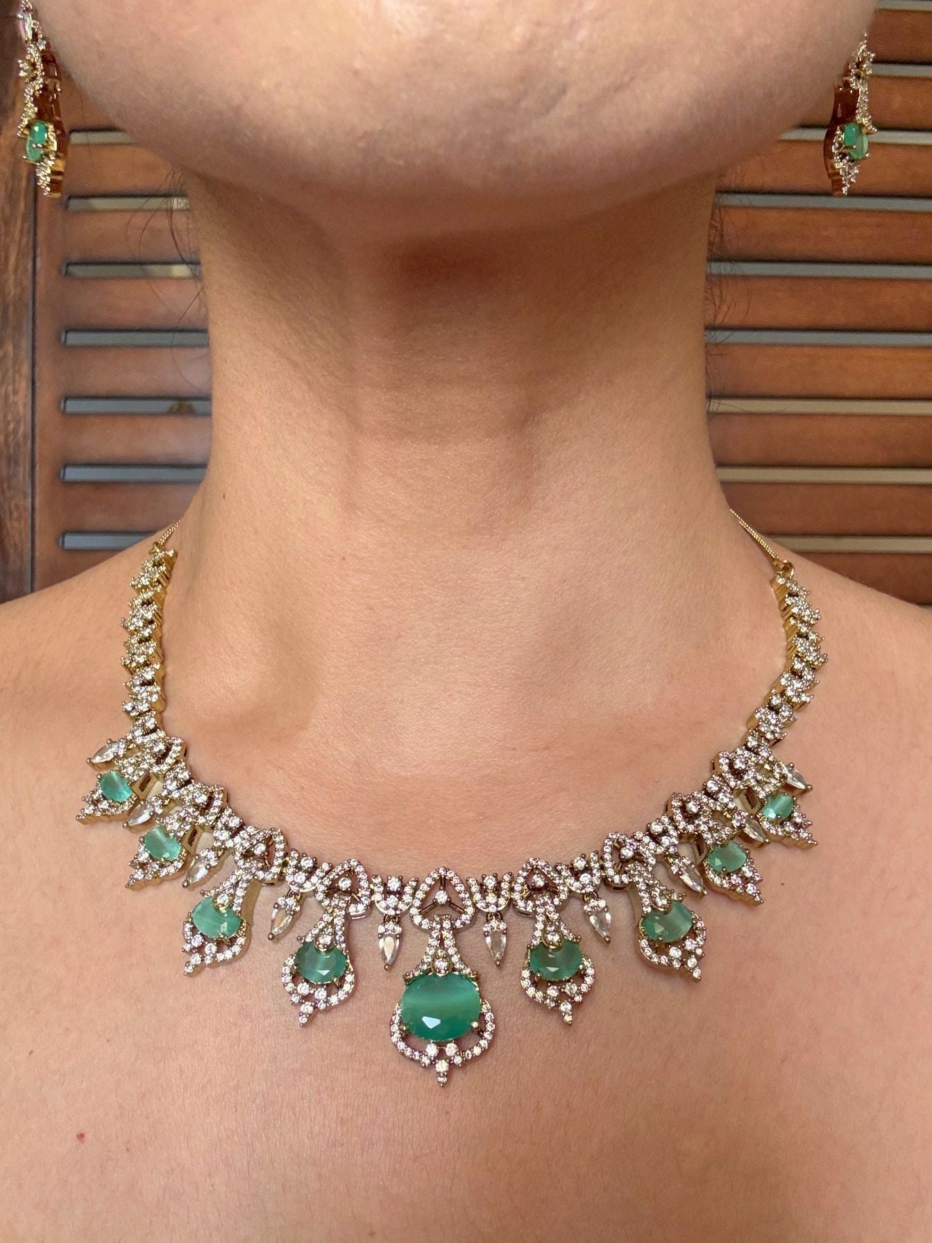 Buy Dewdrop Radiance AD Necklace In Mint Green online in India. Shop from an exclusive range of jewellery, AD necklace, Kundan necklace for weddings. -front